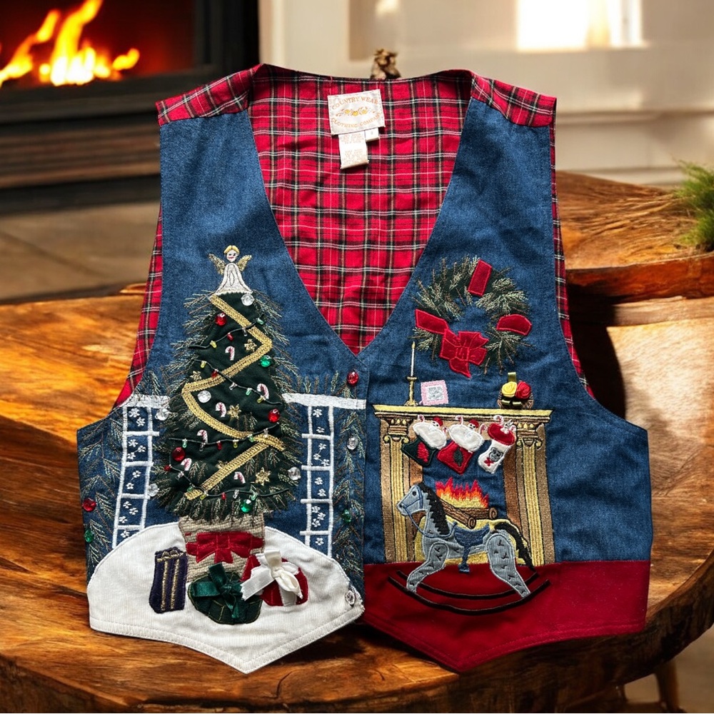 Vintage Country Wear Xmas Vest Sz 8 Denim‎ Plaid Tree Fireplace Holiday